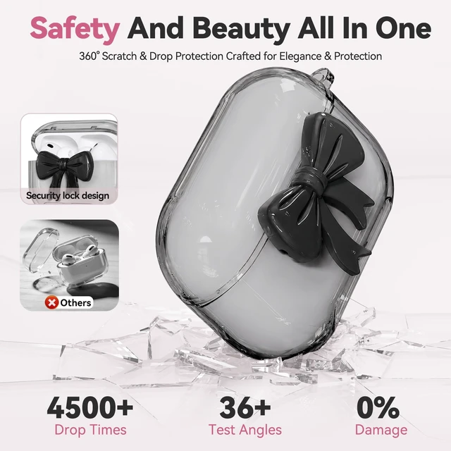 Alt view image 4 of 7 - for AirPods Pro 3 Case 2025 with Safety Lock & Phone Stand, Cute Clear Pink 3D Bow Cover with Keychain & Cleaning Kit, Auto-Open TPU Protective Shell for AirPods Pro 3rd Generation Women Girls (Black)