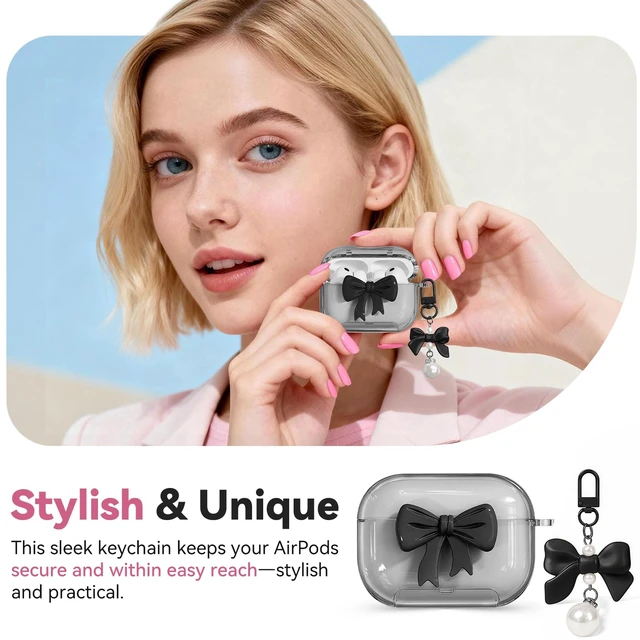Alt view image 6 of 7 - for AirPods Pro 3 Case 2025 with Safety Lock & Phone Stand, Cute Clear Pink 3D Bow Cover with Keychain & Cleaning Kit, Auto-Open TPU Protective Shell for AirPods Pro 3rd Generation Women Girls (Black)