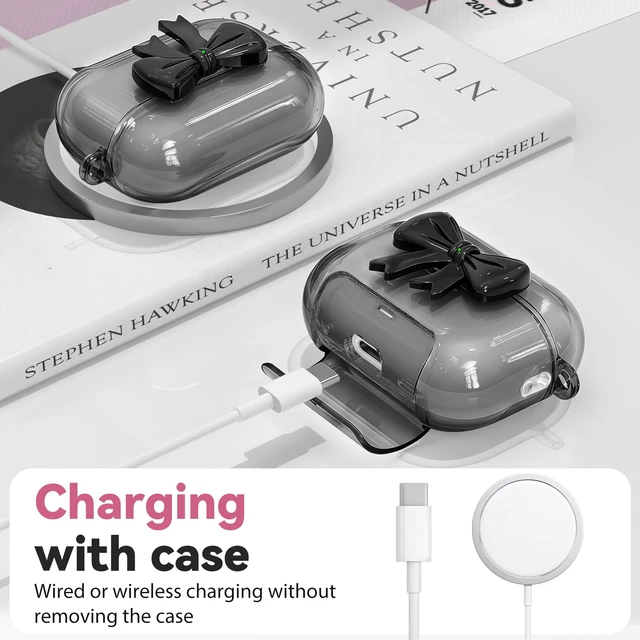Alt view image 5 of 7 - for AirPods Pro 3 Case 2025 with Safety Lock & Phone Stand, Cute Clear Pink 3D Bow Cover with Keychain & Cleaning Kit, Auto-Open TPU Protective Shell for AirPods Pro 3rd Generation Women Girls (Black)