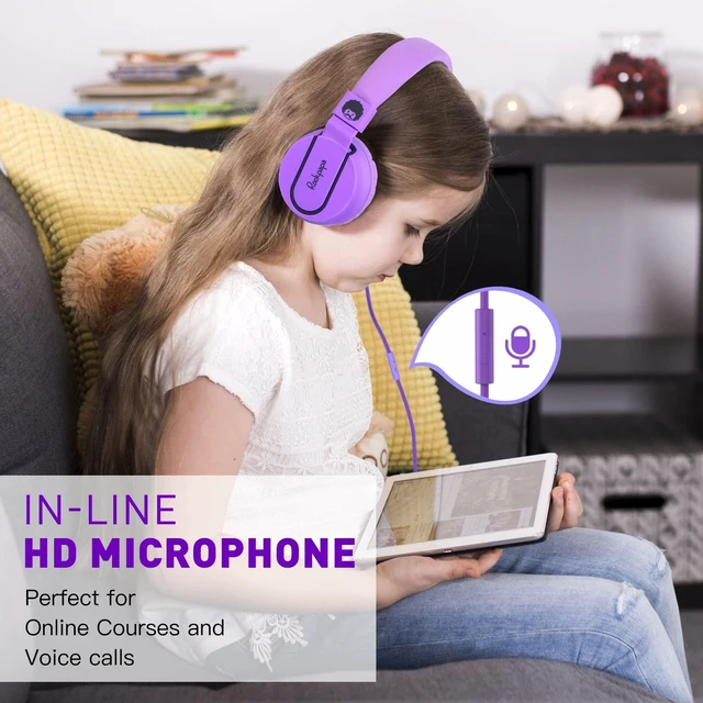 Alt view image 2 of 7 - 950 On-Ear Wired Headphones for Kids for School w/Mic & 3.5mm Foldable Portable Lightweight Corded Head phones for Boys Girls Childs / Laptop Phones Tablets Chromebooks MP3 Purple