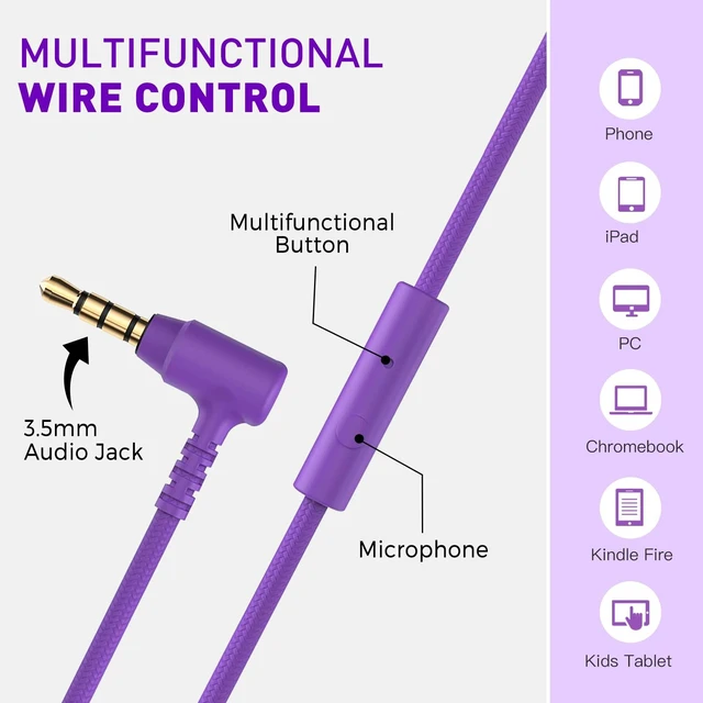 Alt view image 3 of 7 - 950 On-Ear Wired Headphones for Kids for School w/Mic & 3.5mm Foldable Portable Lightweight Corded Head phones for Boys Girls Childs / Laptop Phones Tablets Chromebooks MP3 Purple