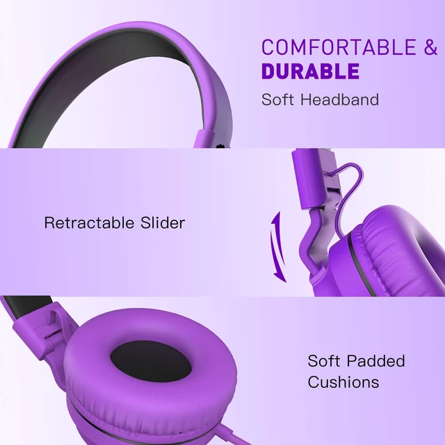 Alt view image 4 of 7 - 950 On-Ear Wired Headphones for Kids for School w/Mic & 3.5mm Foldable Portable Lightweight Corded Head phones for Boys Girls Childs / Laptop Phones Tablets Chromebooks MP3 Purple