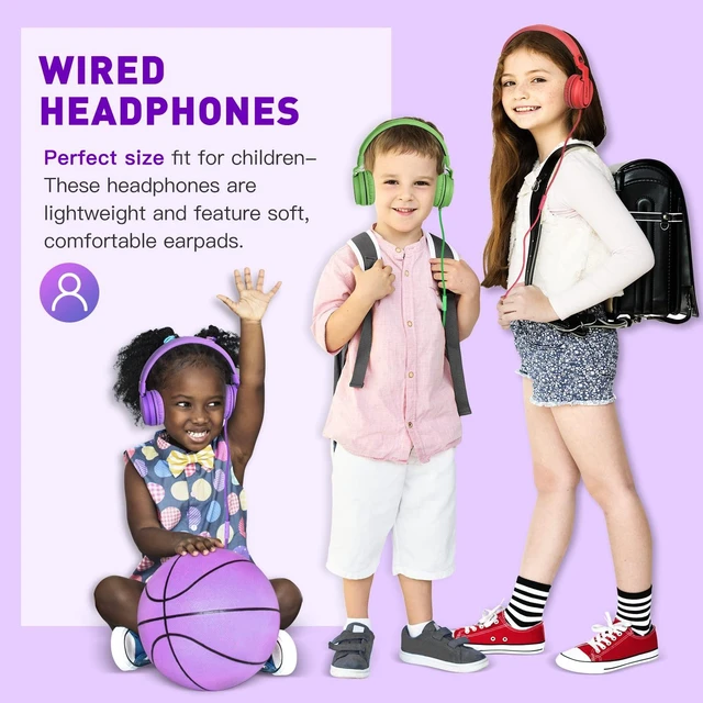 Alt view image 5 of 7 - 950 On-Ear Wired Headphones for Kids for School w/Mic & 3.5mm Foldable Portable Lightweight Corded Head phones for Boys Girls Childs / Laptop Phones Tablets Chromebooks MP3 Purple