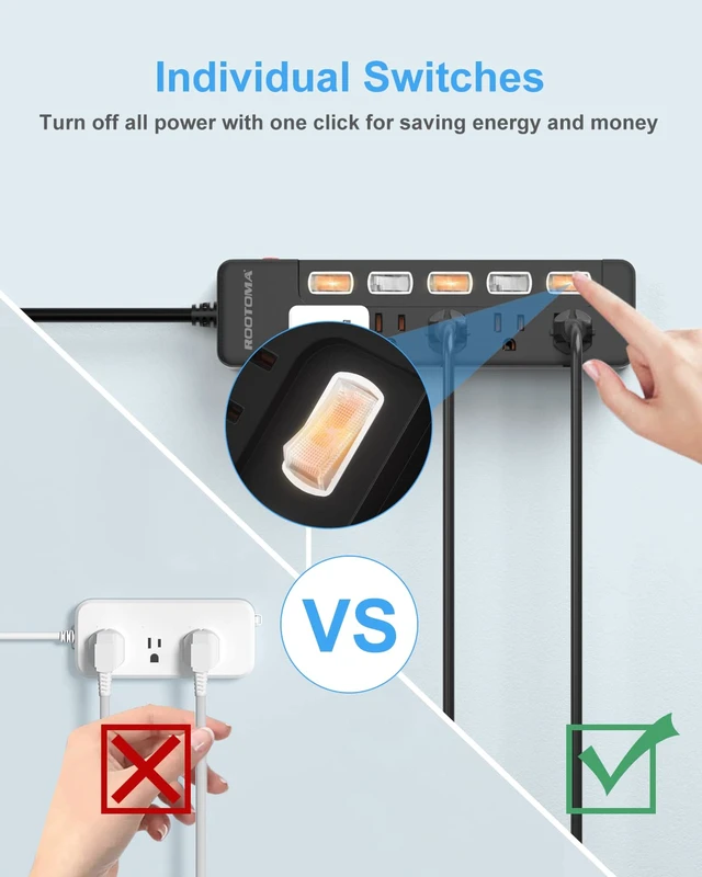 Alt view image 2 of 7 - Black Appliance Extension Cord with Individual Switches on Off - 6 FT, 14 Gauge Heavy Duty Extension Cord with 5 AC Outlets, Wall Mountable, High Wattage for Microwave Workbench Garage Must Have, ETL
