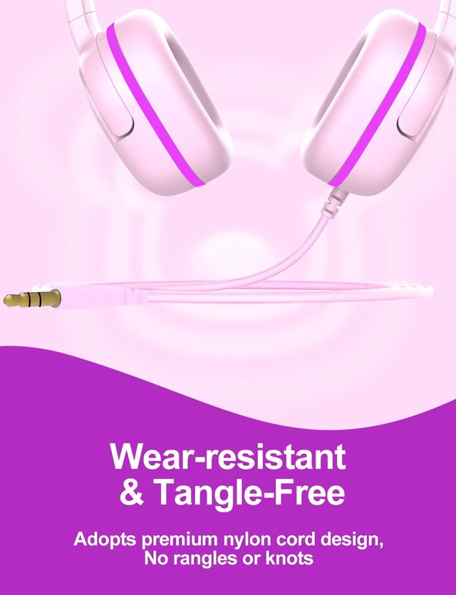 Alt view image 5 of 7 - Kids Headphones for School, 3.5mm Jack Wired Headphones for Kids with Safe Volume Limiter, HD Stereo Sound On-Ear Girls Boys Toddler Headphone for Tablet, iPad, Kindle(Pink)