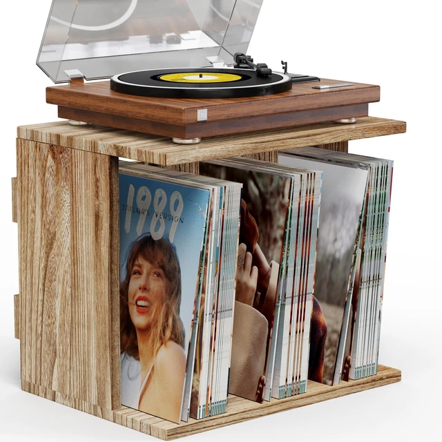 Main image of Record Player Stand with Vinyl Storage, Turntable Wall Mount for 80-100 Albums, 3-Compartment Holder, Carbonized Black