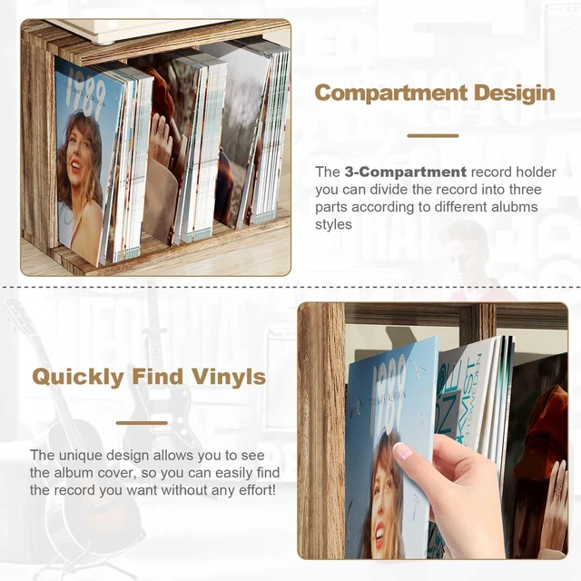 Alt view image 2 of 7 - Record Player Stand with Vinyl Storage, Turntable Wall Mount for 80-100 Albums, 3-Compartment Holder, Carbonized Black