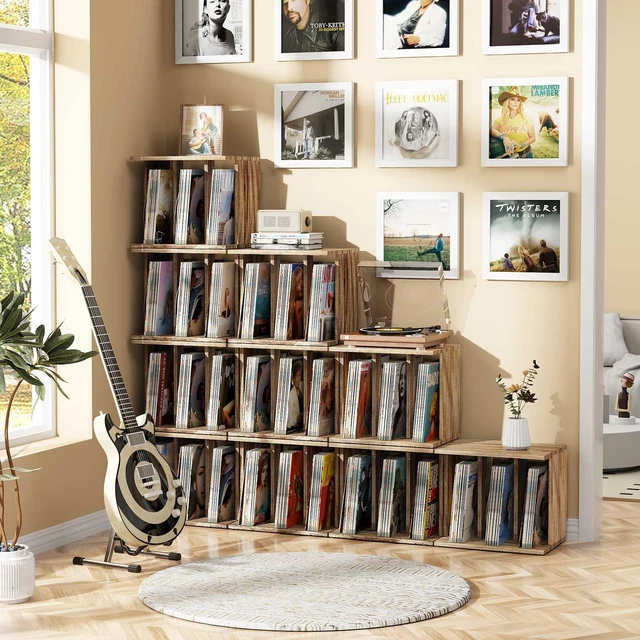 Alt view image 3 of 7 - Record Player Stand with Vinyl Storage, Turntable Wall Mount for 80-100 Albums, 3-Compartment Holder, Carbonized Black