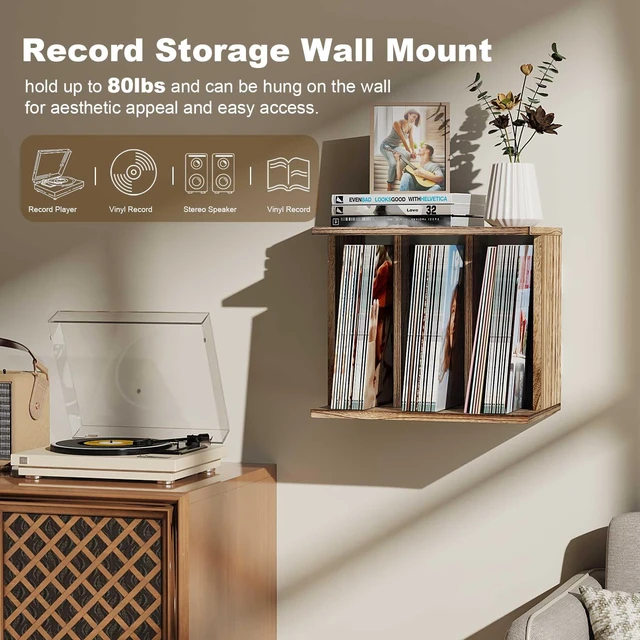 Alt view image 4 of 7 - Record Player Stand with Vinyl Storage, Turntable Wall Mount for 80-100 Albums, 3-Compartment Holder, Carbonized Black