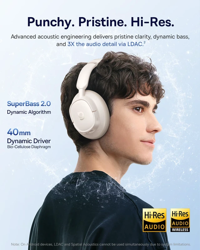 Alt view image 3 of 7 - Bass BH1 NC Adaptive Active Noise Cancelling Headphones, Real-Time Adaptive Hybrid ANC, SuperBass 2.0, LDAC Hi-Res Sound, 80H Playtime, 5-Mic AI Clear Calls, Comfortable Fit, Bluetooth 6.0