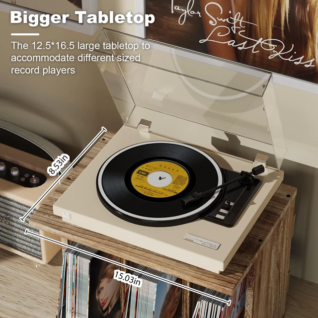 Alt view image 6 of 7 - Record Player Stand with Vinyl Storage, Turntable Wall Mount for 80-100 Albums, 3-Compartment Holder, Carbonized Black