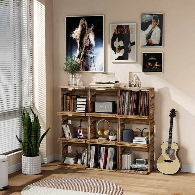 Alt view image 5 of 7 - Record Player Stand with Vinyl Storage, Turntable Wall Mount for 80-100 Albums, 3-Compartment Holder, Carbonized Black