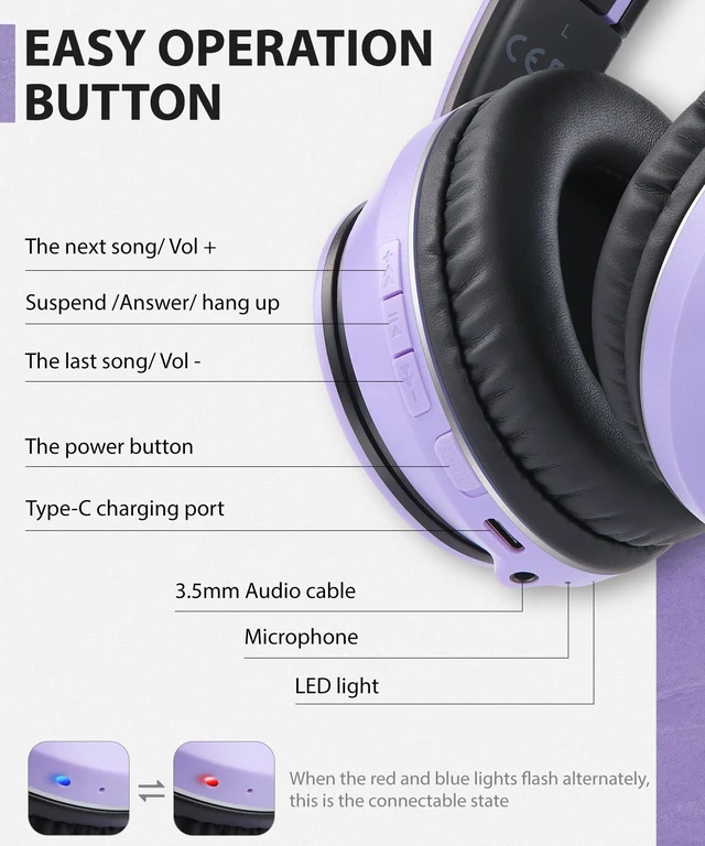 Alt view image 3 of 7 - E7 Wired/Wireless Bluetooth Headphones with Mic, 25 Hours Playtime 2 in 1 Wire less Blue tooth Head Phones Foldable Lightweight for Kids Boys Girls Youth in School Airplane Car Purple