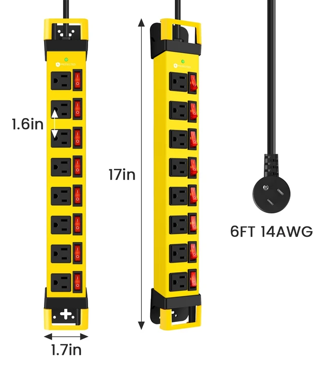 Alt view image 7 of 7 - Heavy Duty Power Strip with 8 Outlets,1200J,Yellow,6FT Individual Switch with Multiple Outlets,Wall Mount Plug Extender,Grounding,Garage Power Strip