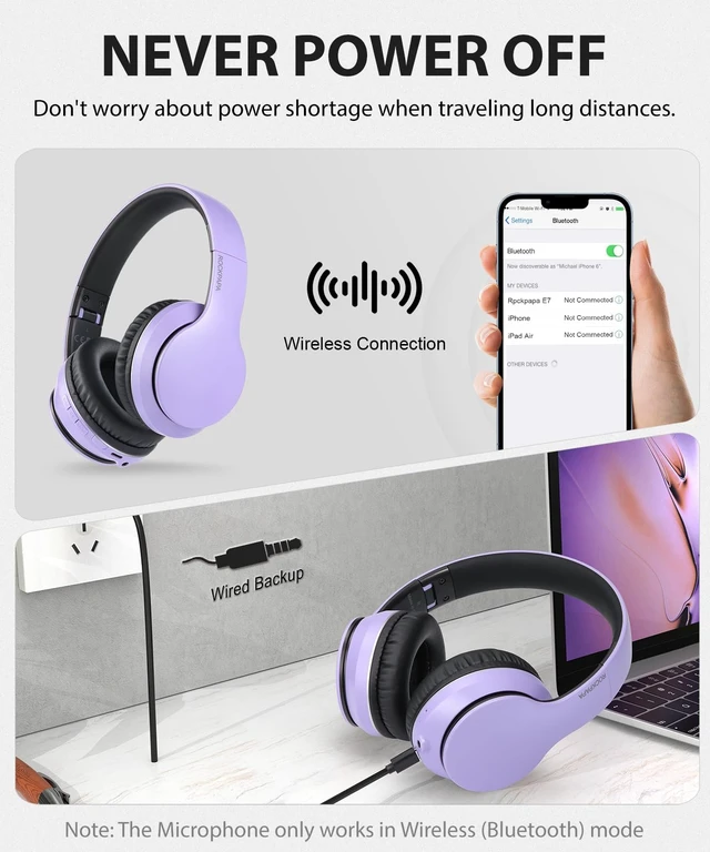 Alt view image 5 of 7 - E7 Wired/Wireless Bluetooth Headphones with Mic, 25 Hours Playtime 2 in 1 Wire less Blue tooth Head Phones Foldable Lightweight for Kids Boys Girls Youth in School Airplane Car Purple