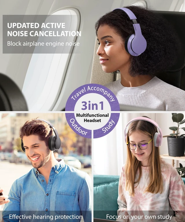 Alt view image 7 of 7 - E7 Wired/Wireless Bluetooth Headphones with Mic, 25 Hours Playtime 2 in 1 Wire less Blue tooth Head Phones Foldable Lightweight for Kids Boys Girls Youth in School Airplane Car Purple