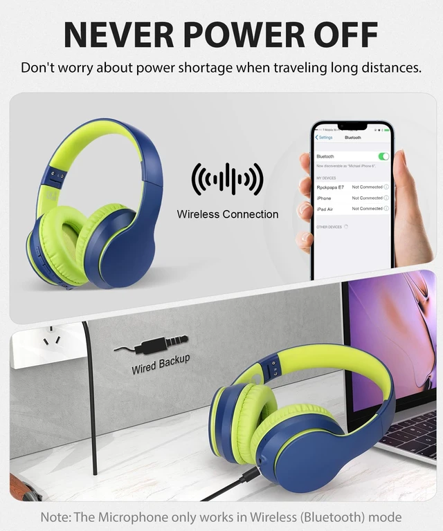 Alt view image 6 of 7 - Wired/Wireless Bluetooth Headphones with Mic & Case, 25Hrs Battery 2 in 1 Wire less Blue tooth Head Phones Foldable Lightweight Portable for Kids Boys Girls Youth in School Airplane Car Blue