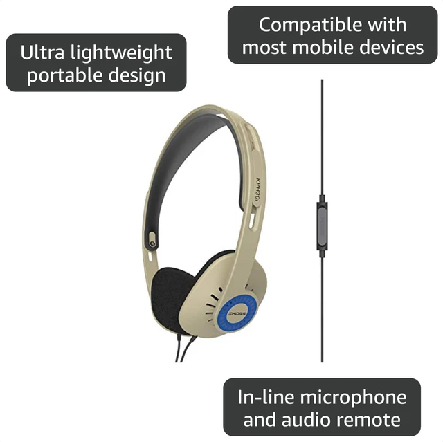 Alt view image 3 of 7 - KPH30i Retro Style On-Ear Headphones, Rhythm Beige, Microphone, Wired In-Line Microphone and Touch Remote Control, D-Profile Design, 3.5mm Jack