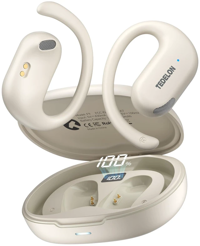Main image of Open Ear Earbuds, 50H Open Ear Headphones Bluetooth 5.4, IPX6 Open Ear buds Wireless with Ear hook, Hi-res Stereo, AI Clear Call, Lightweight, Wireless Over Earbud for Workout, Gym, Running, Beige