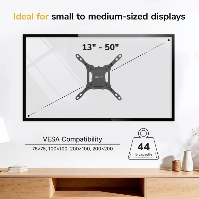 Alt view image 3 of 7 - Mount-It Tilting TV Wall Mount, Low Profile, 13-50 Inch, 44 lbs, Steel VESA 75x75 to 200x200, Single Stud, 1.8 in. Depth, +10/-15 Deg Tilt, TV Bracket for Bedroom, Kitchen, Office, Black