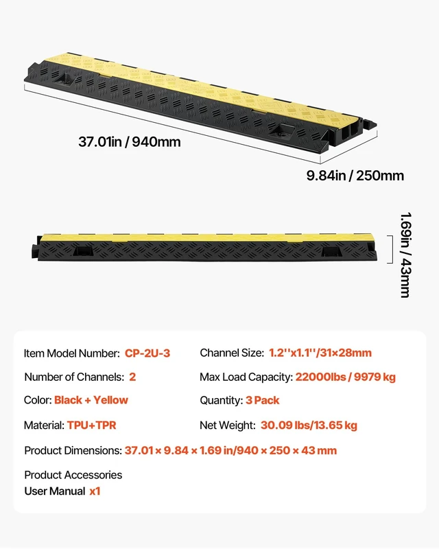 Alt view image 7 of 7 - Cable Protector Ramp, 22,000 lbs/axle Capacity, 2 Channel Heavy Duty TPU Cord Hose Wire Cover, 1.2 x 1.1 in Channel, Traffic Speed Bump with Flip-Open Top Cover, for Indoor Outdoor Use, 3 Pack