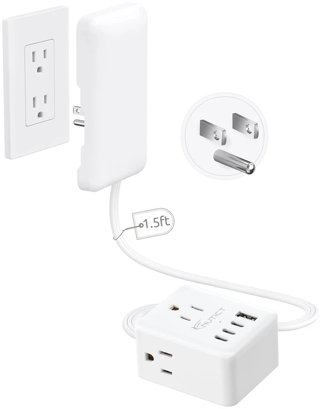 Main image of 1.5FT Short Extension Cord with Outlet Cover, 3 Outlets and 4 USB Ports Flat Plug Power Strip, Outlet Concealer, Small, Wall Mountable, Flat Face Outlet Extender Hidden Behind Couch, Bed, White