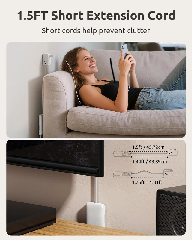 Alt view image 2 of 7 - 1.5FT Short Extension Cord with Outlet Cover, 3 Outlets and 4 USB Ports Flat Plug Power Strip, Outlet Concealer, Small, Wall Mountable, Flat Face Outlet Extender Hidden Behind Couch, Bed, White
