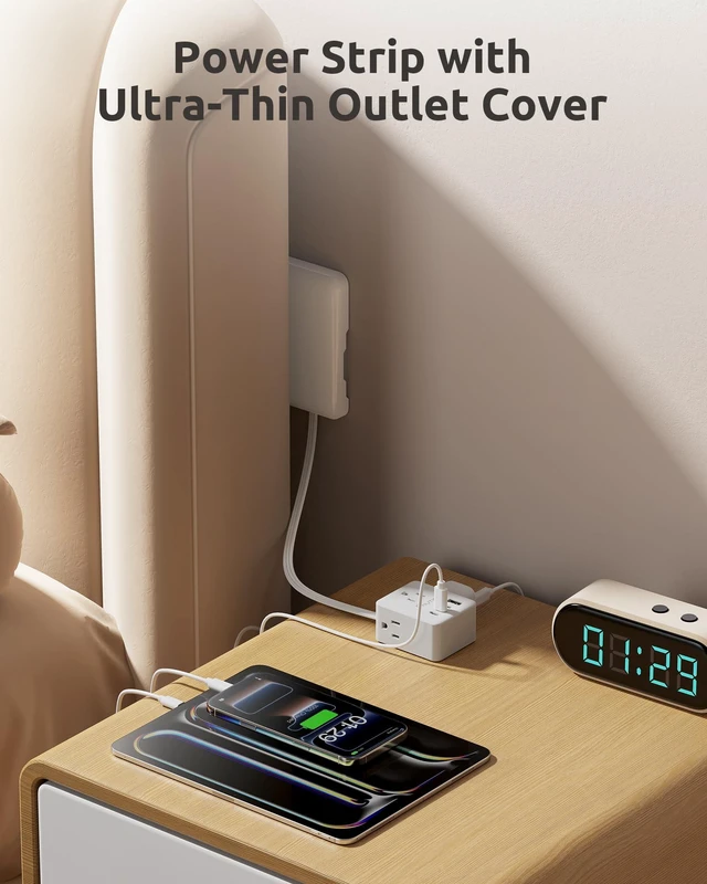 Alt view image 3 of 7 - 1.5FT Short Extension Cord with Outlet Cover, 3 Outlets and 4 USB Ports Flat Plug Power Strip, Outlet Concealer, Small, Wall Mountable, Flat Face Outlet Extender Hidden Behind Couch, Bed, White