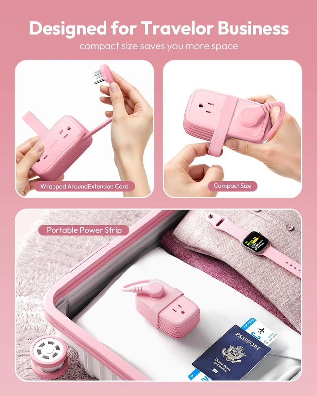 Alt view image 2 of 6 - Pink Travel Power Strip,Travel Essentials 4 Outlets 3 USB(1 C) with 4FT Wrapped Extension Cord Flat Plug, Cruise Essentials 2026 for Hotel Travel Cruise Essentials