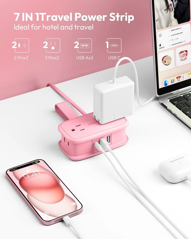 Alt view image 3 of 6 - Pink Travel Power Strip,Travel Essentials 4 Outlets 3 USB(1 C) with 4FT Wrapped Extension Cord Flat Plug, Cruise Essentials 2026 for Hotel Travel Cruise Essentials