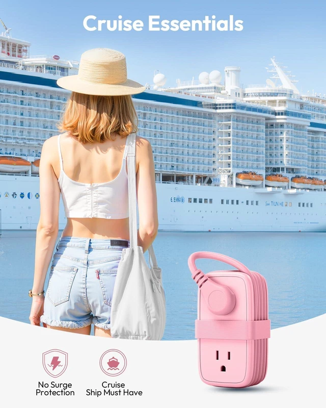 Alt view image 5 of 6 - Pink Travel Power Strip,Travel Essentials 4 Outlets 3 USB(1 C) with 4FT Wrapped Extension Cord Flat Plug, Cruise Essentials 2026 for Hotel Travel Cruise Essentials