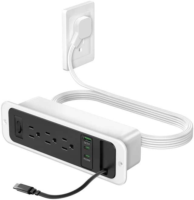 Main image of Recessed Power Strip,20W Retractable USB C Cable,Black and White 10FT,Flush Mount Countertop Drawer Outlet, Furniture Hidden Outlet for Side Table,End Table,3 Outlets