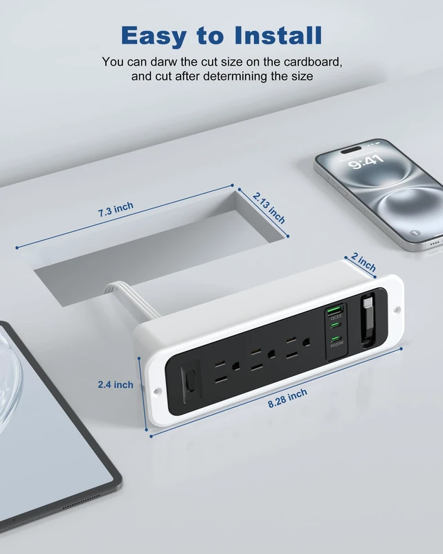Alt view image 5 of 7 - Recessed Power Strip,20W Retractable USB C Cable,Black and White 10FT,Flush Mount Countertop Drawer Outlet, Furniture Hidden Outlet for Side Table,End Table,3 Outlets