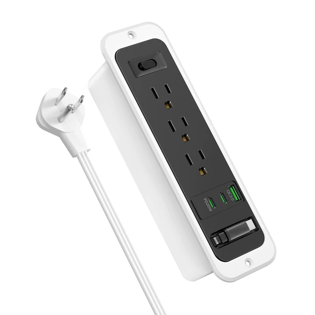 Alt view image 7 of 7 - Recessed Power Strip,20W Retractable USB C Cable,Black and White 10FT,Flush Mount Countertop Drawer Outlet, Furniture Hidden Outlet for Side Table,End Table,3 Outlets