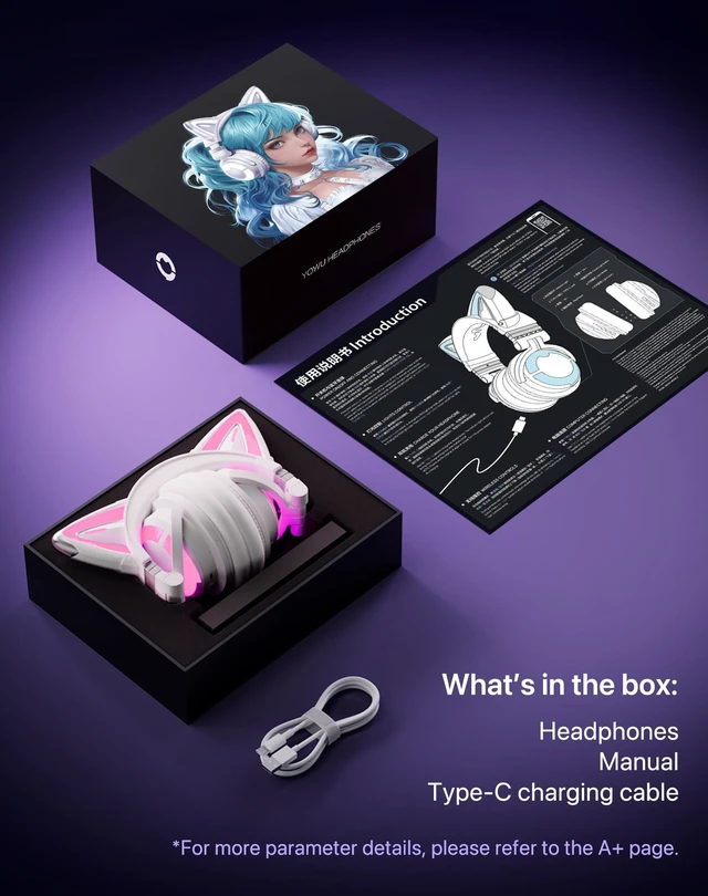 Alt view image 6 of 7 - YOWU Cat Ear Headphones CE, Wired/Wireless Headphones with Seamless Live Sound Experience for PC/PE/Switch, Built-in Mic & Customizable RGB Light Effect for Anime Lovers(White)