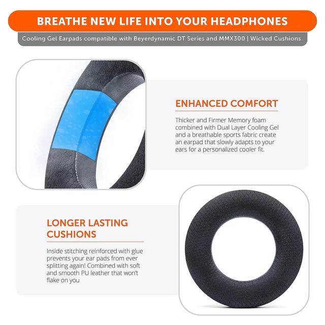 Alt view image 4 of 7 - Freeze DT770 - Cooling Gel Ear Pads for Beyerdynamic DT770 & DT990 Made by Wicked Cushions Also fits DT880, MMX300, DT1770 & DT1990. Sport Fabric, Enhanced Foam Black