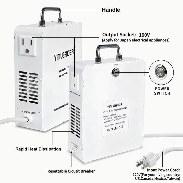 Alt view image 2 of 7 - 2000W from 120V to 100V Step Down Voltage Transformer Converter Perfect for Japanese High-Power Devices in US/MX/CA(White)