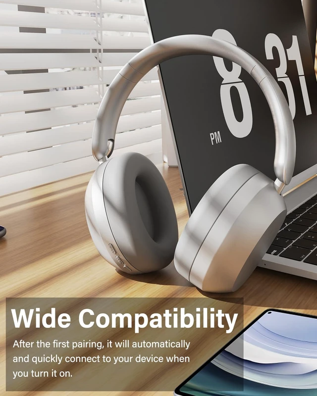 Alt view image 5 of 7 - Y05 Wireless Bluetooth Headphone, Noise Cancelling, Sliver Wireless Over-Ear Headphones, Hi-Res Audio, 48H Playtime, Built-in Mic, Comfort & Connectivity, Works with iOS, Android & PC