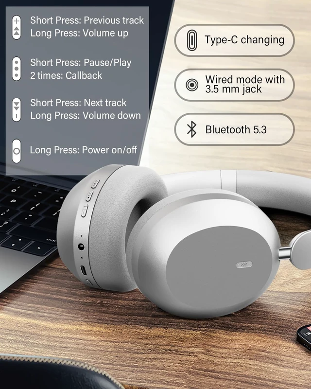 Alt view image 7 of 7 - Y05 Wireless Bluetooth Headphone, Noise Cancelling, Sliver Wireless Over-Ear Headphones, Hi-Res Audio, 48H Playtime, Built-in Mic, Comfort & Connectivity, Works with iOS, Android & PC