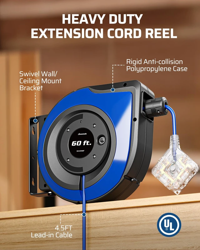 Alt view image 5 of 7 - 6 Grounded Outlets Retractable Extension Cord Reel,60FT, Blue Integrated Switch, Lighted Triple Outlets, 12/3C SJTOW, 15A Circuit Breaker, Wall/Ceiling Mount for Garage, Workshop, ETL
