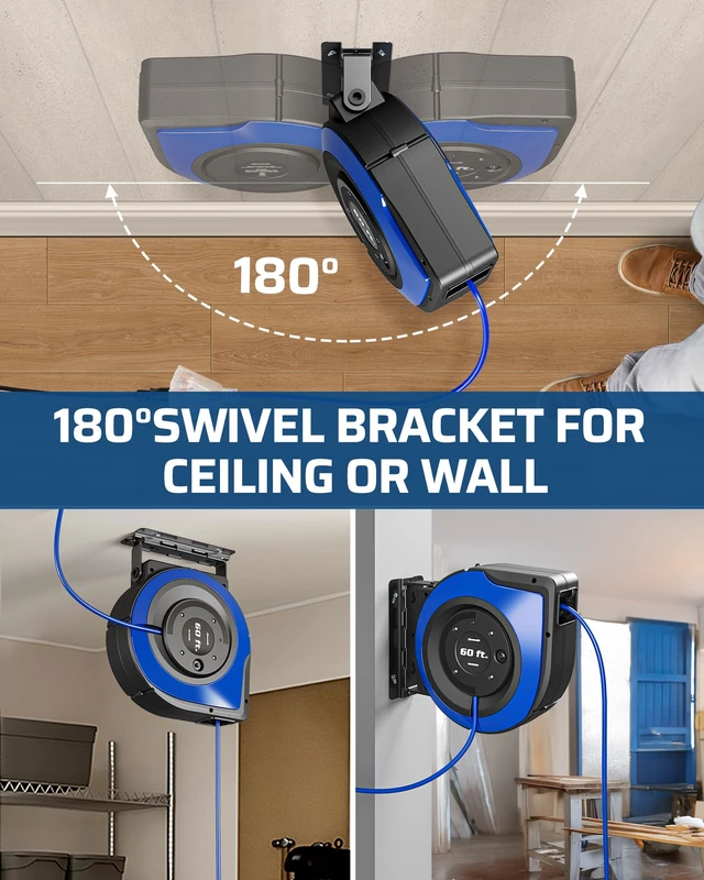 Alt view image 7 of 7 - 6 Grounded Outlets Retractable Extension Cord Reel,60FT, Blue Integrated Switch, Lighted Triple Outlets, 12/3C SJTOW, 15A Circuit Breaker, Wall/Ceiling Mount for Garage, Workshop, ETL