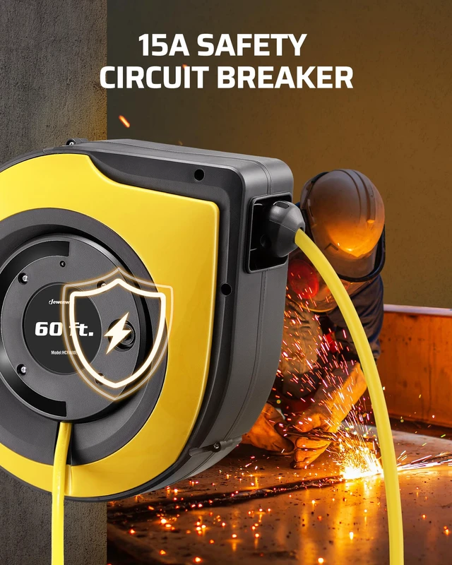 Alt view image 5 of 7 - 60FT Retractable Cord Reel, 12AWG SJTOW Cord, UL ListedYellow 12/3C SJTOW, 15A Circuit Breaker, 180° Swivel Bracket, 3 Lighted Triple Outlets, Wall/Ceiling Mount for Garage, Workshop