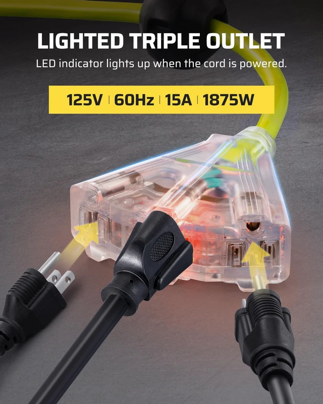Alt view image 6 of 7 - 60FT Retractable Cord Reel, 12AWG SJTOW Cord, UL ListedYellow 12/3C SJTOW, 15A Circuit Breaker, 180° Swivel Bracket, 3 Lighted Triple Outlets, Wall/Ceiling Mount for Garage, Workshop