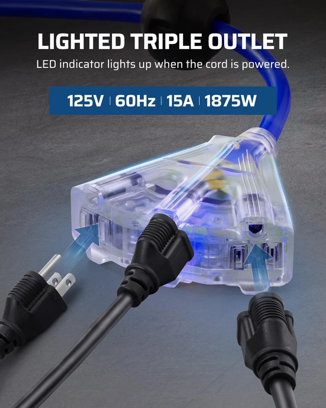 Alt view image 4 of 7 - 60FT Retractable Cord Reel, 12AWG/3C SJTOW Cord, UL Listed, Blue 15A Circuit Breaker, 3-Lighted Triple Outlets, Wall/Ceiling Mounted, 180° Swivel Bracket for Garage, Workshop