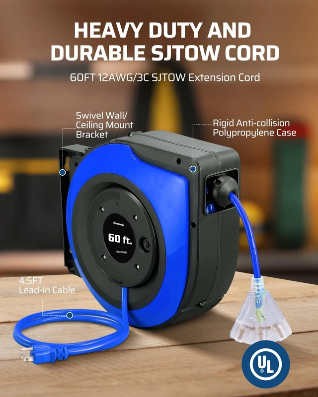 Alt view image 5 of 7 - 60FT Retractable Cord Reel, 12AWG/3C SJTOW Cord, UL Listed, Blue 15A Circuit Breaker, 3-Lighted Triple Outlets, Wall/Ceiling Mounted, 180° Swivel Bracket for Garage, Workshop