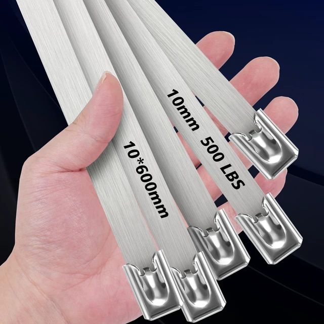Main image of 24 Inch Metal Zip Ties, 600Lb Stainless Steel Cable Ties Heavy Duty 304 SS Extra Long Wire Ties, Large Tie Wraps Self-Locking for Exhaust Wrap, Garden Ties, Pipes, UV Resistant