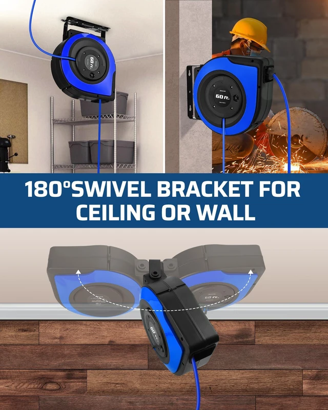 Alt view image 7 of 7 - 60FT Retractable Cord Reel, 12AWG/3C SJTOW Cord, UL Listed, Blue 15A Circuit Breaker, 3-Lighted Triple Outlets, Wall/Ceiling Mounted, 180° Swivel Bracket for Garage, Workshop