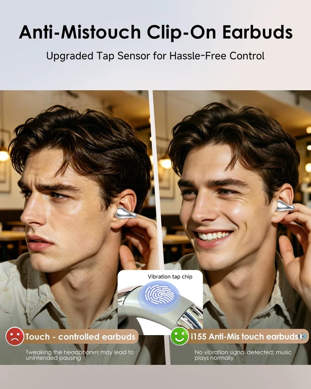 Alt view image 5 of 7 - King Lucky Clip-On Earbuds,Comfort Air Cushion Open Ear Earbuds Wireless Bluetooth 6.0 Multipoint, Open Ear Headphones with Mic,Anti-Mistouch,45H Playtime for Sports,Small Ears&Sleep (Silver)