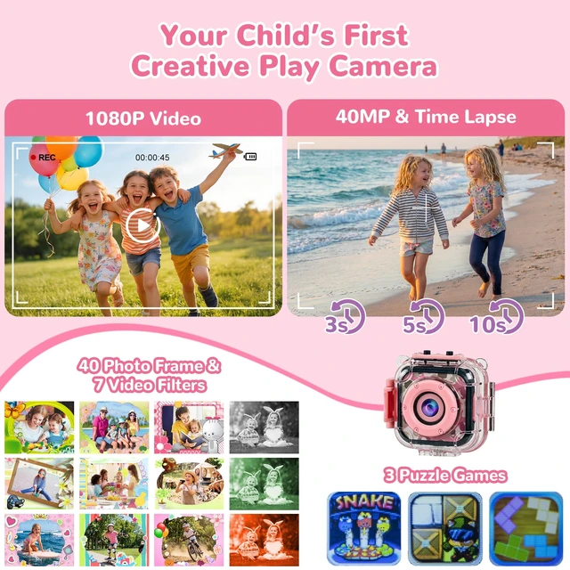 Alt view image 4 of 7 - Kids Waterproof Camera, IP68 Video Camera Birthday Gift Girls 3-12 Children Digital Video Travel Camcorder with 32G Card, 1080P Undewater Action Camera Toy for Pool, Beach, Bike, Skateboarding