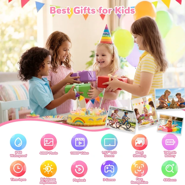 Alt view image 6 of 7 - Kids Waterproof Camera, IP68 Video Camera Birthday Gift Girls 3-12 Children Digital Video Travel Camcorder with 32G Card, 1080P Undewater Action Camera Toy for Pool, Beach, Bike, Skateboarding